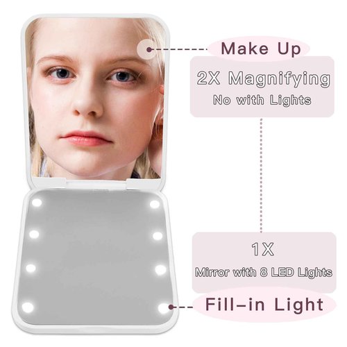 Aganmi Travel Mirror with Lights Initial 1X/2X Magnification LED Compact Mirror, Portable Pocket Mirror Small Folding Handheld Makeup Mirror Mothers Day Birthday Gifts for Women Teen Girls White G