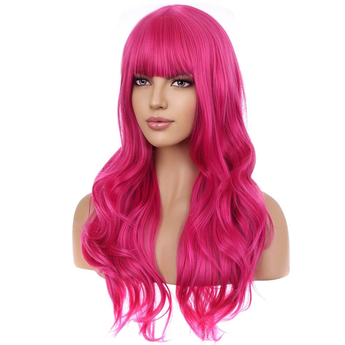 BERON 26 Inches Hot Pink Wig Long Wavy Wig with Bangs Synthetic Wig Long Wig Rose Red Wigs for Daily Party with Wig Cap