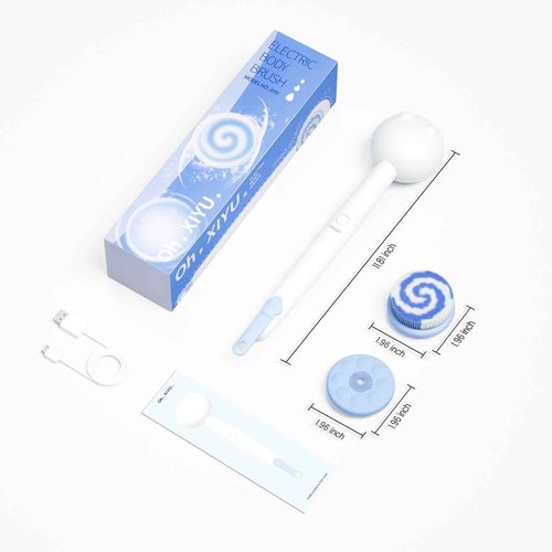 Oh,XIYU. Electric Back Scrubber for Shower Body Brush, Waterproof Shower Body Scrubber for Cleansing, Massaging, Rechargeable Bath Brush for Kids & Adults with 2 Heads & 3 Speed Modes, Milk White XY0