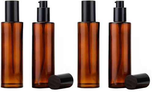 TOPWEL 2PCS 120ml/4oz Empty Refillable Amber Glass Lotion Pump Press Bottles Soap Dispensers Containers Jars with Black Cap for Foundation Cream Makeup Removel Oil Shampoo (Pack of 2)