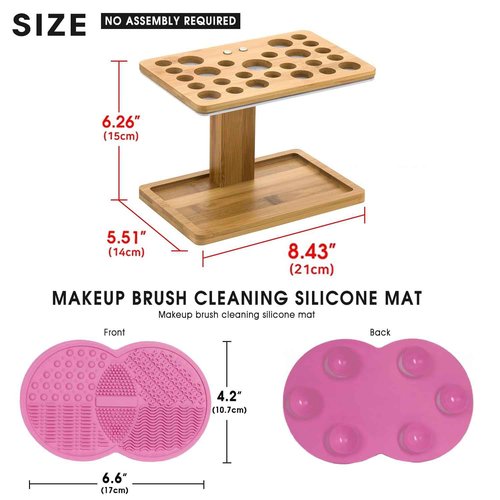 Bamboo Brush Makeup Cosmetic Air Drying Rack Tower Acrylic Folding Brushes Dryer Holder Display Organizer Stand with Silicone Brush Cleaner Mat Support Tray(26 Hole, FULLY ASSEMBLED) – MK288B