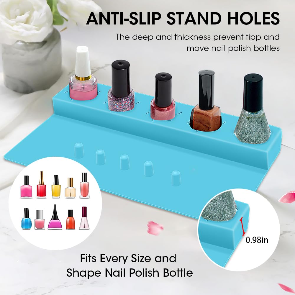 Nail Polish Holder 2 in 1 Silicone Fingernail Painting Tools Nails Art Accessories Organizer Case Set Hand Rest Mat with Anti-Spill Bottle Stand and Finger Separators for Pedicure Manicure (Blue)