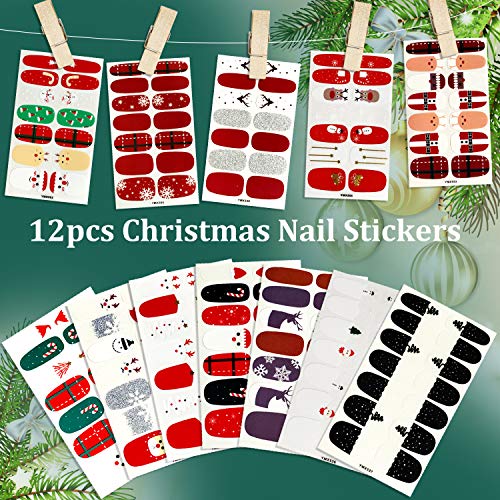 Kalolary 12 Sheets Christmas Full Wraps Self-Adhesive Nail Polish Stickers with 1Pcs Nail File, Nail Art Full-Cover Sticker for Women Winter Christmas Party Nail Decorations