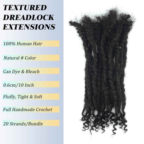 Textured Locs Extension With Curly Ends 100% Permanent Human Hair Dreadlock Extensions 0.6cm Width Can Be Dyed Bleached Full Handmade Loc Extension for Men Women (Natural, 8 Inch/20 strands)