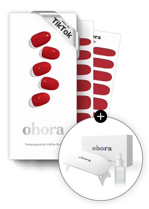ohora Bundle Set (N Addict Starter Kit) - Red Solid Gel Nail Strips with UV/LED Lamp and Mini Remover, Salon-Quality, Long Lasting, Easy to Apply & Remove - Includes Prep Pads, Nail File, Wooden Stick