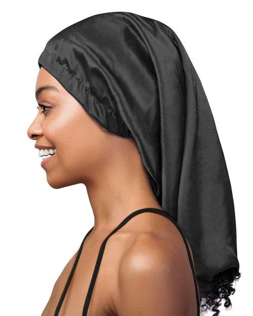 Heerf Extra Long Satin Bonnet Sleeping Hat Beanie Cap Baggy Hair Covering Black