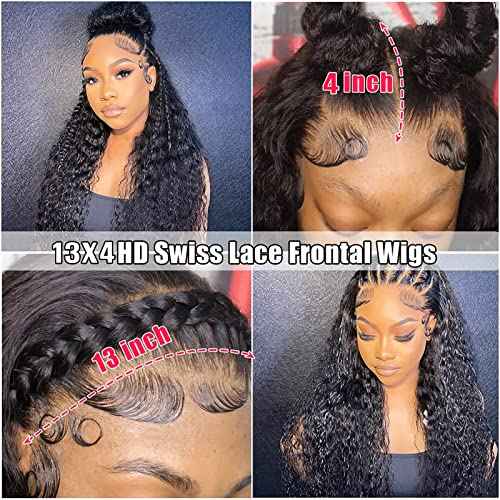 Deep Wave Lace Front Wigs Human Hair 180 Density 13x4 HD Transparent Frontal Wigs Human Hair for Women Deep Curly Glueless Wigs Human Hair Pre Plucked with Baby Hair 24Inch