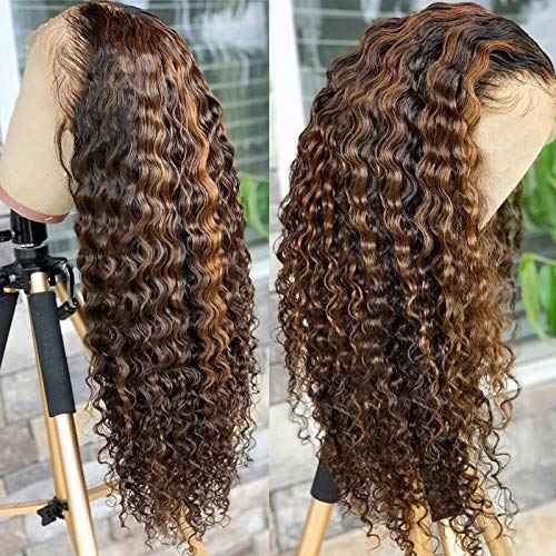 BLY Highlight Human Hair Lace Front Wigs Deep Wave #4/27 Ombre Colored Glueless Wigs Pre Plucked 22 Inch 4x4 Transparent Curly Water Wave Lace Wig Honey Blonde Real Human Hair 180% Density