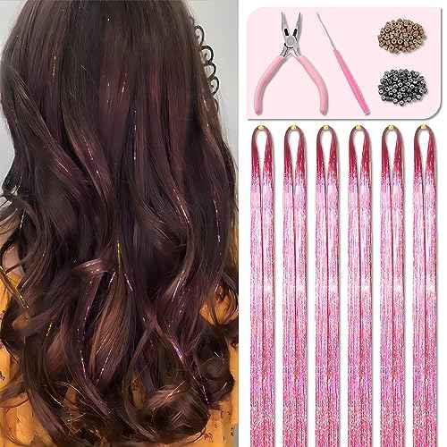 Pink Fairy Hair Tinsel Kit 48 Inches 1200 Strands with Tools and Instruction Easy to Install Glitter Tinsel Hair Extensions for Women and Girls£¬Shinny Sparkling Braiding Hair Accessories for Halloween Cosplay Party