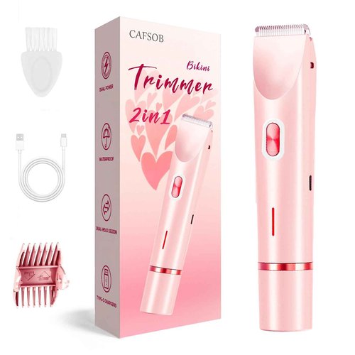 CAFSOB Bikini Trimmer for Women, 2 in 1 Electric Razors for Women, Dermave Bikini Shaver, IPX7 Waterproof & Easy Cleaning, Ceramic Blade, 120 Min Cordless Runtime, Ultra Low Silent (Pink).