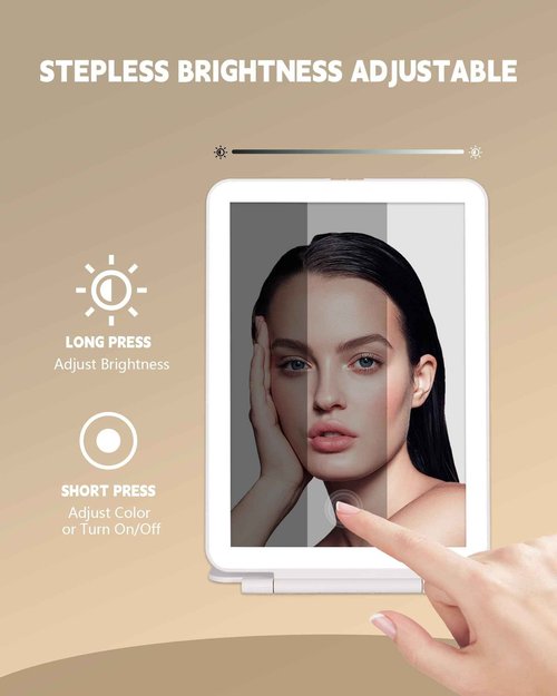 Dec.Metu Travel Mirror with Lights Makeup Mirror Touch Screen 3 Colors Light 72 LEDs Rechargeable, 1000mHA 7.9x5.3-Inch Desk Compact Mirror White
