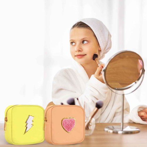Zubebe 6 Pcs Preppy Patch Cute Makeup Bags Toiletry Bags Skincare Pouch Chenille Letter Nylon Bag for Purse Small Zipper Cosmetic Makeup Pouch Preppy Things for Travel(Fresh Color)