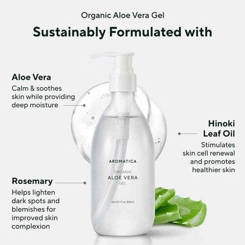 AROMATICA Organic Aloe Vera Gel (2 packs), After Sun Care and Sunburn Relief with Pure Aloe Vera Gel Face&Hair, Sun Burn Moisturizer EWG Verified (10.14oz/300ml)