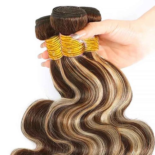 Dokksiiia P4613 Ombre Highlight Body Wave Human Hair Bundles Chocolate Brown and Blonde Mix P4/613 Ombre Brown Weave Bundles Brazilian Human Hair Extensions Silky and Soft 10 12 14 Inch