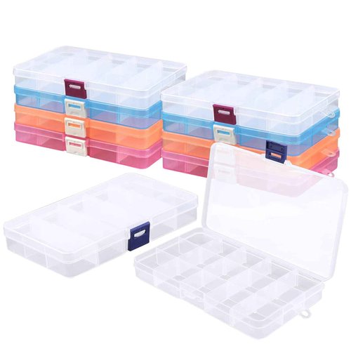 Cosics 10pcs Fake Nail Storage, 15-Grid Small Plastic Rhinestone Organizer Box, Acrylic False Nail Tips Container, Jewelry Display Holder, Tackle Hair Art Craft Accessories Empty Case with Dividers
