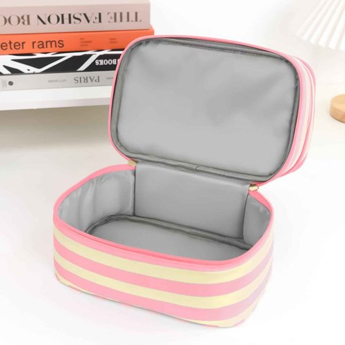 Apxouans Three Layer Makeup Bag for Women Fashion Stripes Cosmetic Bag Preppy Style Travel Water-Resistant Toiletry Bag for Storage Toiletries Cosmetics Sets for Women Teen Girls Pink