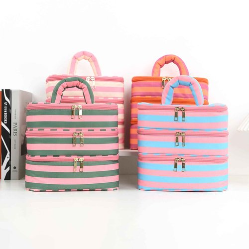Apxouans Three Layer Makeup Bag for Women Fashion Stripes Cosmetic Bag Preppy Style Travel Water-Resistant Toiletry Bag for Storage Toiletries Cosmetics Sets for Women Teen Girls Pink
