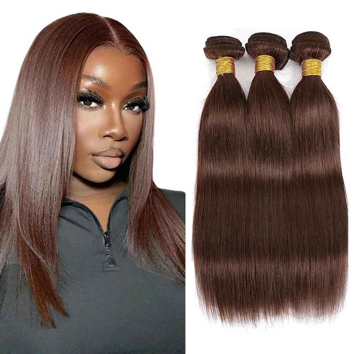 Dark Brown Straight Bundles Human Hair Color 4 Brown Bundles Double Weft Brazilian Virgin Dark Brown Remy Hair Extensions Silky and Soft for Black Women (10 10 10 inch 3 Bundles)