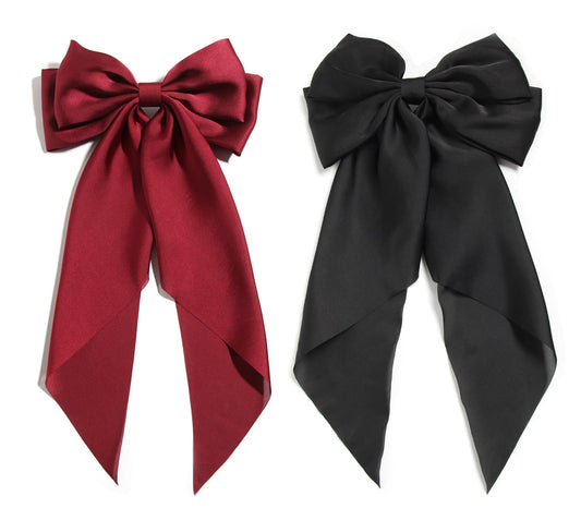 SUSULU Women's Satin Silk Bow Hair Accessories - Metal Clips with Long Tail Ribbon Hairpins and Ponytail Barrettes (2pcs, Burgundy Black)