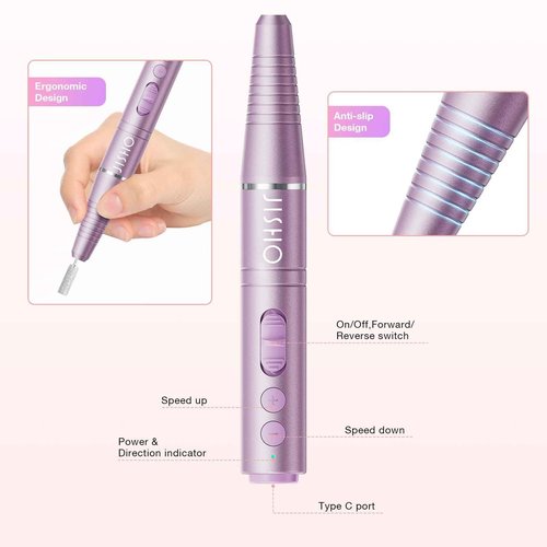 Nail Drill, Cordless Electric Nail Drill Machine for Acrylic Nail, Rechargeable Portable with Max 20000 RPM, 12 in 1 Kit Electric Nail File Efile Present for Beginner and Professional (Pink)