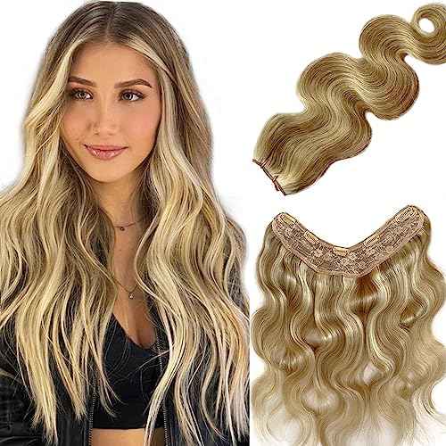 Invisible Hair Extensions Clip In Real Human Hair Balayage Chestnut Blonde to Platinum Blonde Highlight Hair Extension 16Inch 80G One Piece Clip in Remy Hair Body wave Double Weft V Shape Clip on Hair