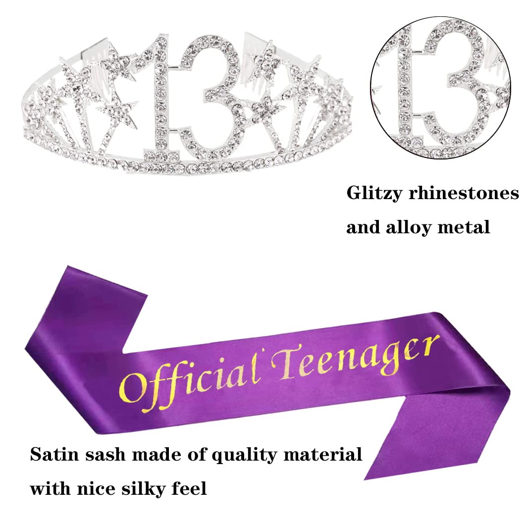 Happy 13th Birthday Tiara and Sash Gifts Crystal Rhinestone Princess Crown Birthday Girl Party Favor Supplies Silver Crowns Purple Sash