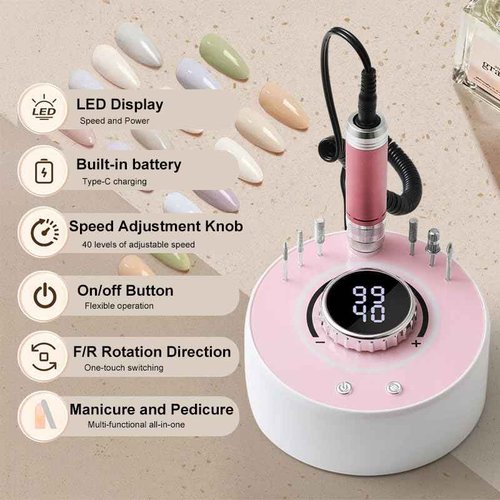 Qinvone Electric Nail Drill File, Professional 40000RPM Nail E-File Drill, Rechargeable Cordless Nail Drill with Bits & Base for Acrylic Nails Remove Nail Gel Polish Manicure for Home Salon Use (Pink)