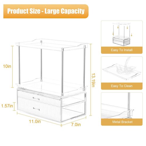 2-Tier 2-Drawer Bathroom Countertop Organizer : Large Multi-Purpose Makeup Vanity Organizer - Perfume & Skincare Storage Amber Clear
