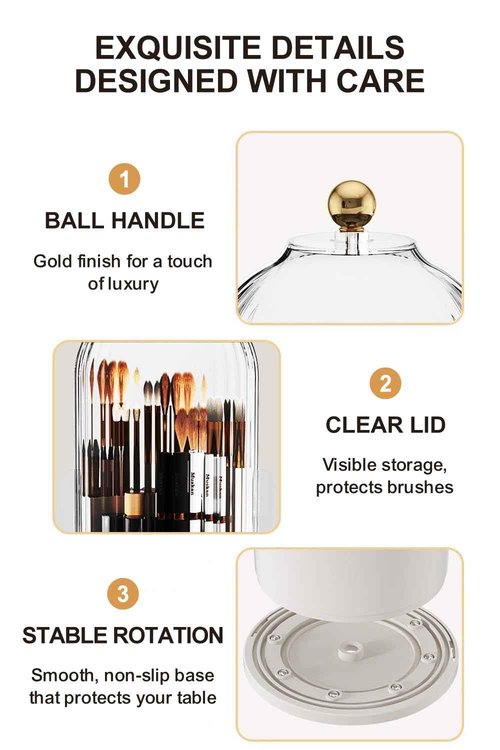 Makeup Brush Holder with Lid 360° Rotating, Clear Dustproof & Waterproof Make Up Brush Holder Organizer, Transparent Makeup Brush Organize