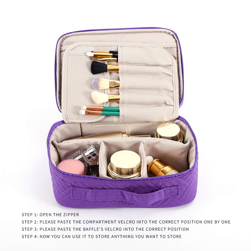 WEIBIN Travel Makeup Bag, Toiletry Bag, Cosmetic Organizer with Adjustable Dividers and Brushes Holder for Purse, Makeup Case Zipper Pouch for Women and Girls-Purple