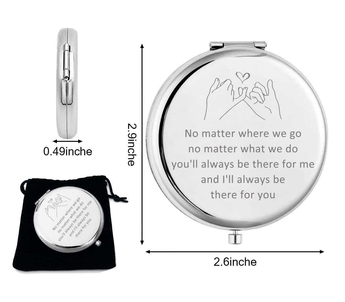 Kukeyiee No Matter Where We Go Sliver Cosmetic Makeup Mirror, Handheld Small Portable Pocket Folding Mirror for Best Friend, Sister, Women, Birthday Graduation Christmas Friendship Gifts…