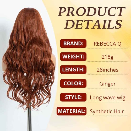 Rebecca Q Long Wavy Synthetic Lace Front Wig for Women 30 inches Middle Part Natural Hairline Heat Resistant Fiber Wigs for Daily Party (Ginger)