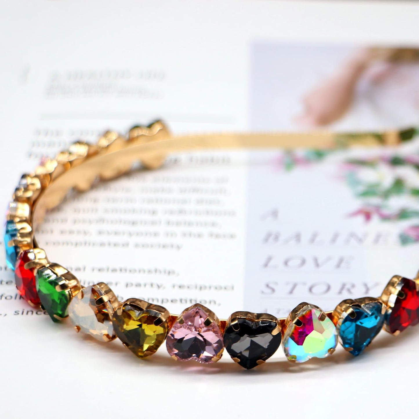 Crrezhai Fashion Heart Rhinestones Headband Colorful Women Rainbow Crystal Beaded Headpiece Party Wedding Hair Hoop Band