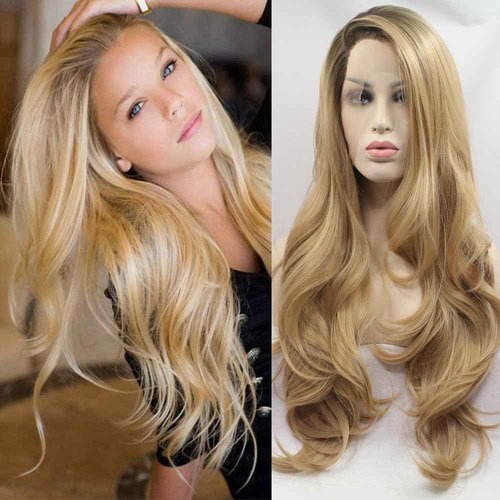xiweiya Long Natural Wave Ombre Brown Blonde Synthetic Lace Front Wigs with Brown Roots 2 Tones Side Part Wig Heat Resistant Fiber Hair Wigs For Women Replacement Everyday Wigs 24"(Blonde)