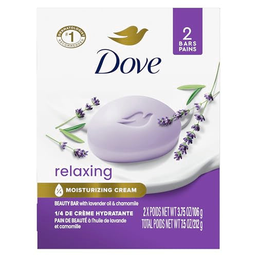 Dove Beauty Bar Soap Relaxing Lavender Oil & Chamomile 2 Bars for moisturized Skin, Calms dry Skin 3.75 oz