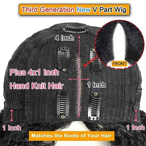 V Part Wig Human Hair Kinky Curly Natural Black 16 Inch | Curly Human Hair Wig Upgrade U Part Human Hair Wigs for Black Women Glueless Wig Wear and Go 180 Density