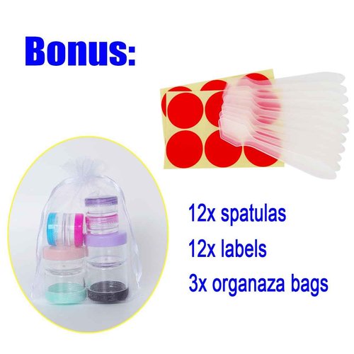 Wopanxye 12pack 10ml Makeup Sample Jars, BPA Free, Small Empty Cosmetic Container, Plastic Round Pot Blue Screw-up Cap Lid, 10g Jar for Lip Gloss Scrubs Salves Ointments Facial Creams Bath Lotions