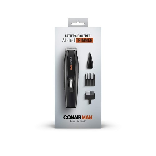 ConairMAN All-in-One Beard Trimmer for Men, Includes Nose and Ear Hair Trimmer, with 5-Position Comb Attachment, 4 piece Men's Grooming Kit, Battery Operated