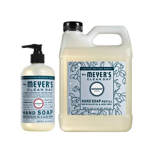 Mrs. MEYER'S CLEAN DAY Liquid Hand Soap Variety Pack Scent, 33 OZ Refill + 12.5 OZ, 1 CT (Snowdrop)