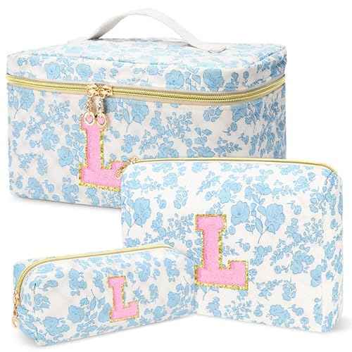 3 PCS Travel Makeup Bag Set,A-Z Initials Cotton Make up Bag Floral Quilted Cosmetic Bag for Girls and Women,Personalized Christmas Gifts,Cute Toiletry Travel Accessories Brushes Bags-L