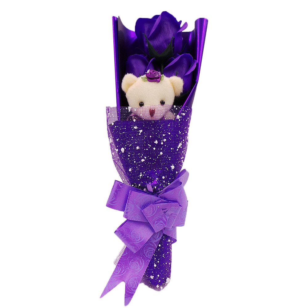 Abbie Home Flower Bouquet 3 Scented Soap Roses Gift Box with Cute Teddy Bear for Her Him Valentine's Day Anniversary Wedding Mothers Day Birthday Gift and Proposal (Purple)