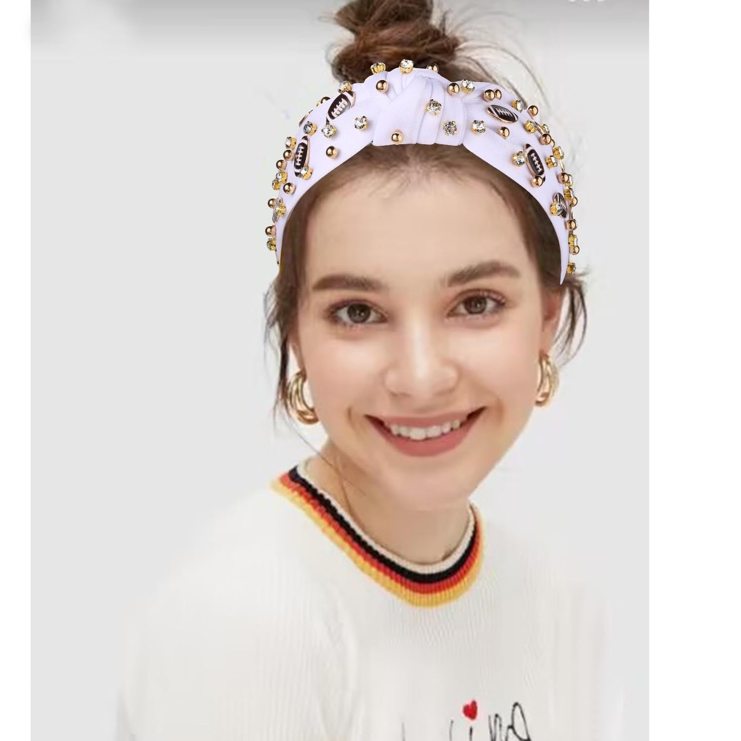 mokkia Football Headband for Women Football Mom Accessories Crystal Rhinestone Jeweled Wide Top Knot Headband Game Day Sports Hair Accessories Gift (White 2)