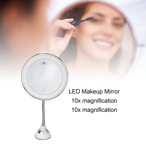 Zetiling 10x Magnification LED Makeup Mirror, Wall Mount, Round, 17.3"L x 6.9"W, Black Frame, Modern Style, Adjustable Brightness, Three Light Colors, Suction Cup Design