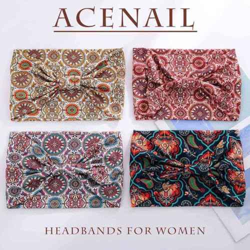 Acenail Wide Headbands Women Boho Turban Knotted Headband Floral Elastic Non Slip Hairband Workout Yoga Head Scarfs Bohemian Headwraps Fashion Hair Accessories for Women 4Pcs (Stylish)