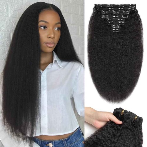 ShowJarlly Clip in Hair Extensions Real Human Hair 20 Inch Kinky Straight Clip ins 8Pcs Brazilian Remy Hair Extensions for Women Natural Black