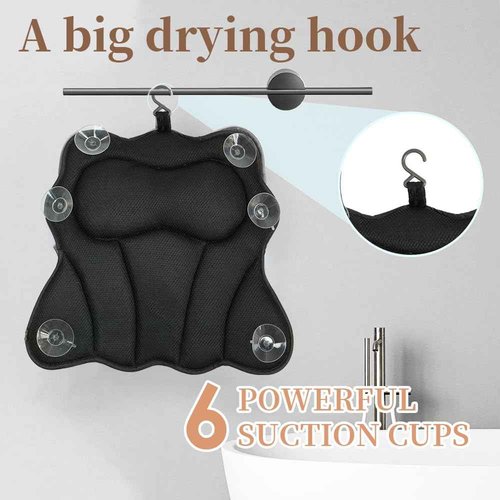 Joeyset Bath Pillows for Tub, Bath Pillow, Bathtub Pillow, and Luxury Bath Accessories for Head, Neck & Back Support, Relaxing Spa Bath Tub Pillow with 6 Strong Suction Cups (Black)
