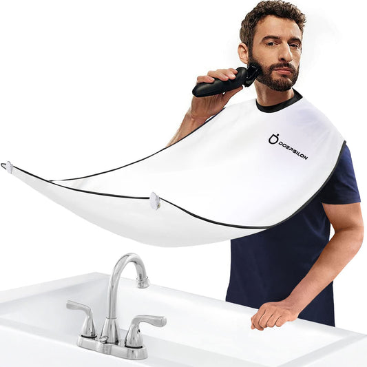 DOEPSILON Beard Bib Apron, Beard Hair Clippings Catcher for Shaving and Trimming, Non-Stick Beard Shave Cape, with 4 Suction Cups, Grooming Accessories, White