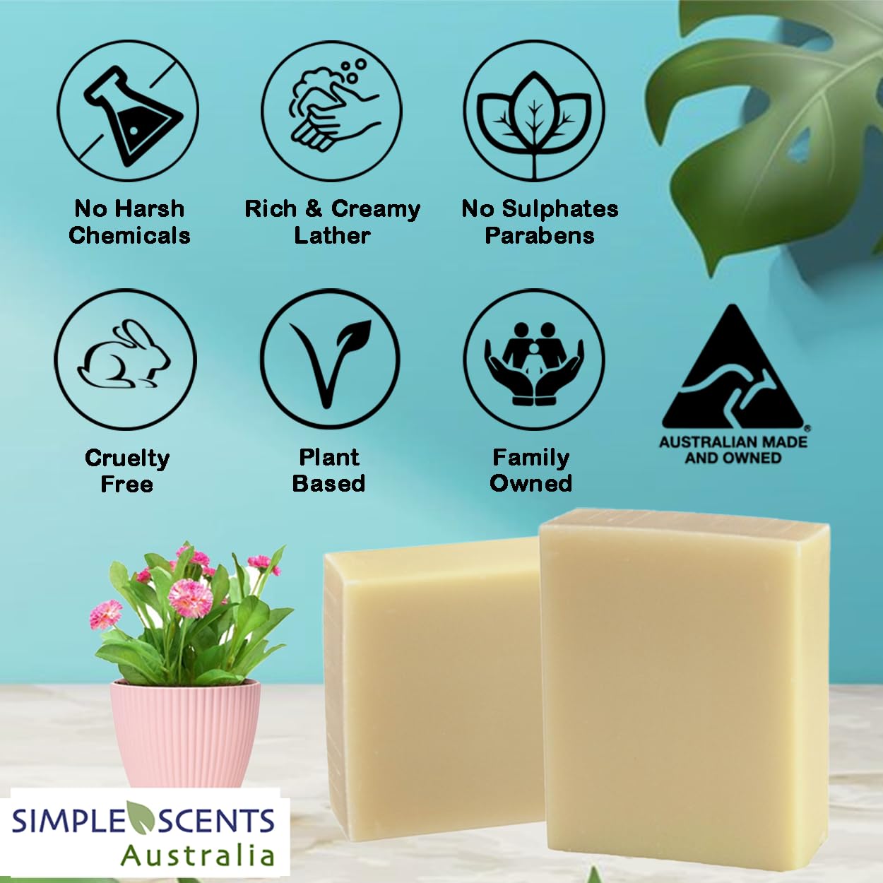 Simple Scents Australia Coconut Vanilla Scented Natural Soap Bars (6 Bars), 3.5oz Moisturizing French Triple Milled Soap Bars Enriched with Shea Butter - Pure Plant Oil Bath & Body Soap Bars