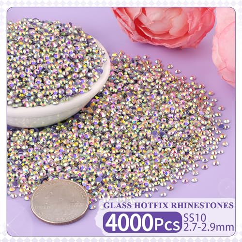 4000Pcs Hotfix Rhinestones for Clothing, Crystal AB SS10 Iron On Flatback Glass Gems, Bedazzler Crystals Rhinestones for Crafting Clothes Hats Shoes Fabric Bedazzling Decor Nail Art