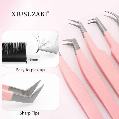 Lash Tweezers For Eyelash Extensions Fiber Tip Lash Tweezers Pink Straight/Curved Tweezer(Pink,X02)